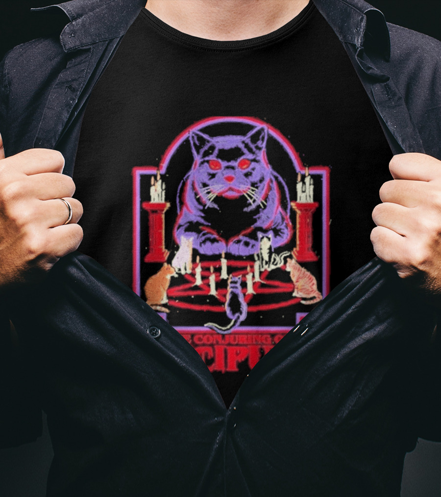 The Conjuring Of Lucipurr Cat Candle Pentagram Ritual T-Shirt