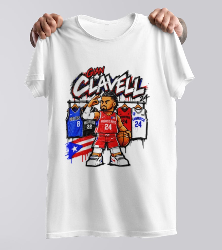 Gian Clavell Puerto Rico Basketball Cartoon With Jersey Collection And Flag T-Shirt