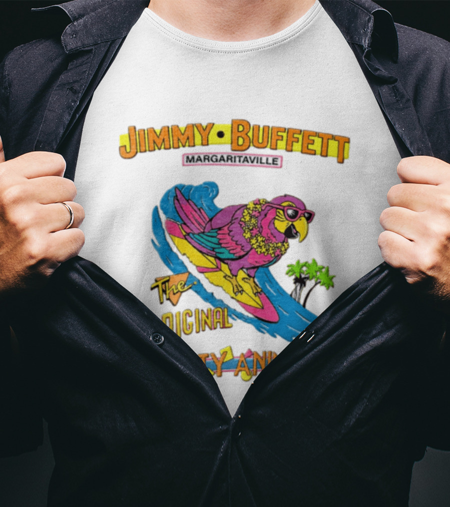 Jimmy Buffett Margaritaville Original Party Animal Parrot Surfing Wave T-Shirt
