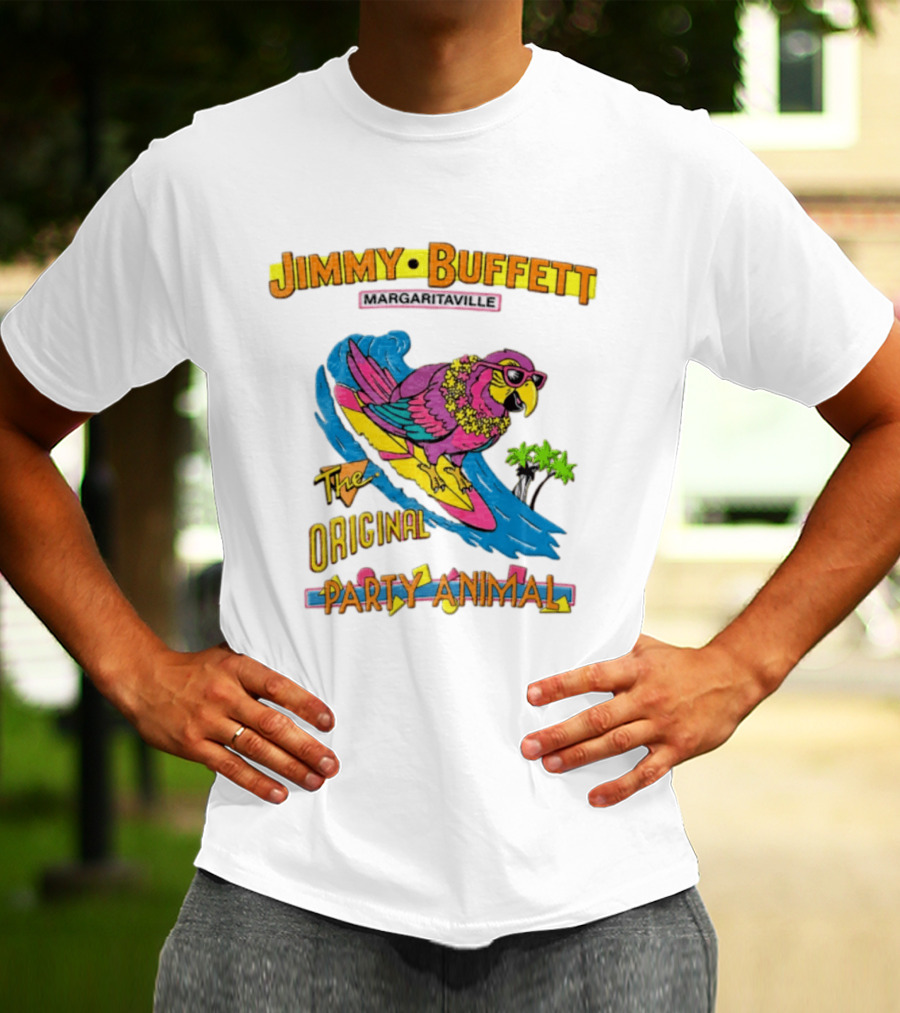 Jimmy Buffett Margaritaville Original Party Animal Parrot Surfing Wave T-Shirt