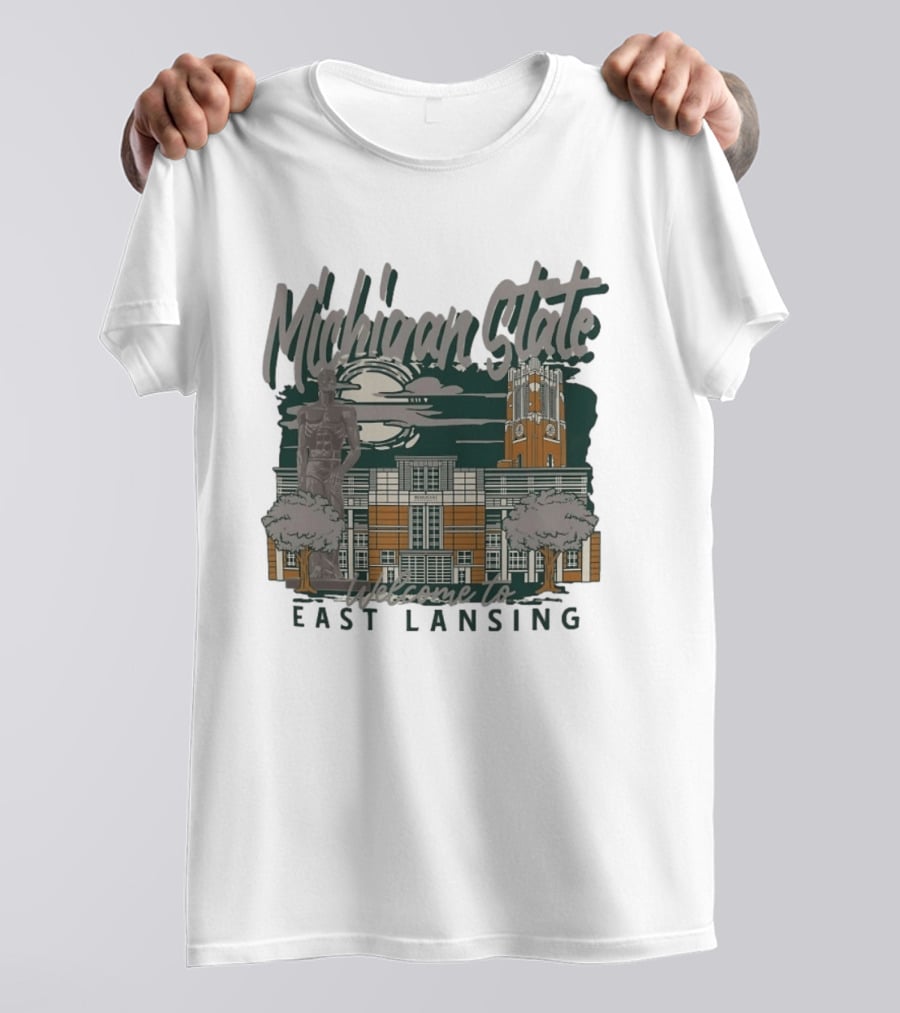 Michigan State University Welcome To East Lansing Scenic Campus Architecture And Famous Spartan Statue T-Shirt