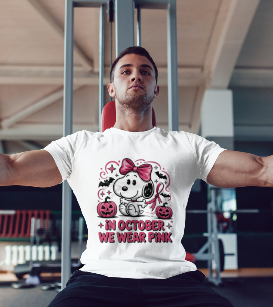 In October We Wear Pink Snoopy Peanuts Halloween Bow Pumpkins Bats T-Shirt
