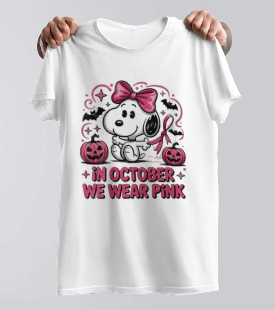 In October We Wear Pink Snoopy Peanuts Halloween Bow Pumpkins Bats T-Shirt