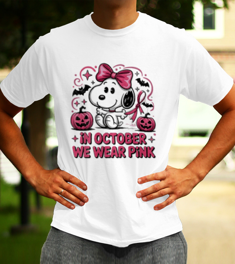In October We Wear Pink Snoopy Peanuts Halloween Bow Pumpkins Bats T-Shirt