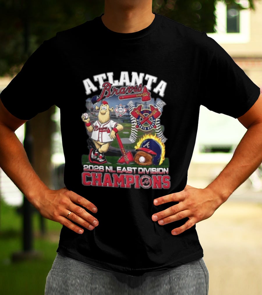 Atlanta Braves 2026 NL East Division Champions Stadium With Mascot And Baseball Bat T-Shirt