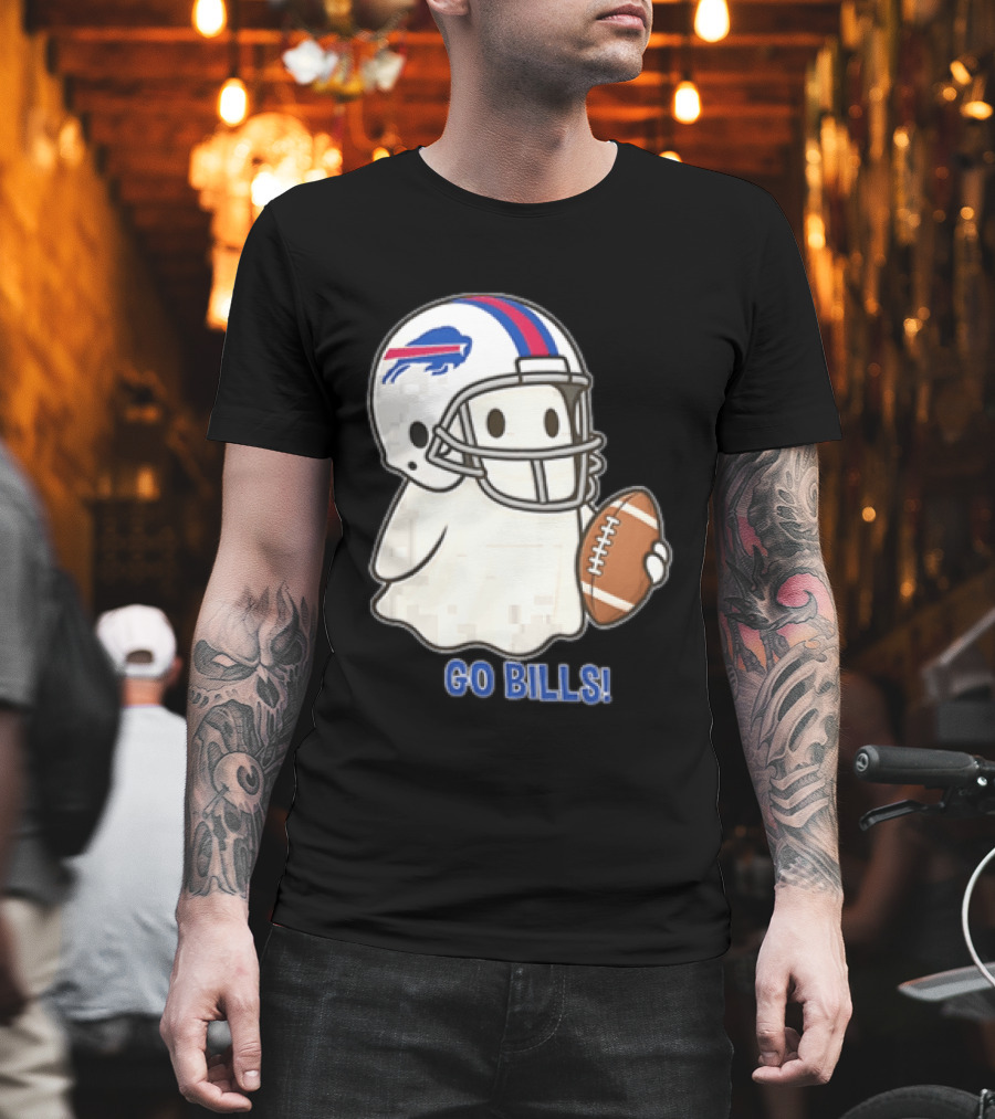 Buffalo Bills Ghost GO BILLS Football Helmet Holding Ball T-Shirt
