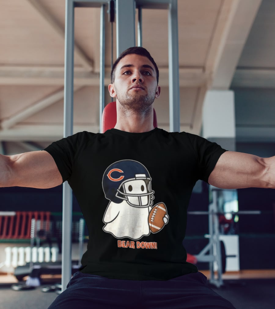 Chicago Bears Bear Down Ghost Football Helmet Holding Ball T-Shirt