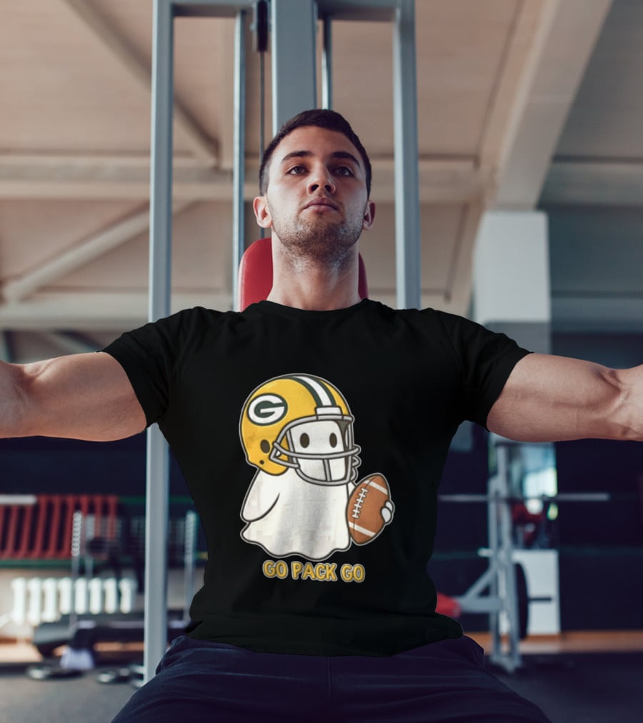 Go Pack Go Ghost With Green Bay Packers Football Helmet And Ball T-Shirt