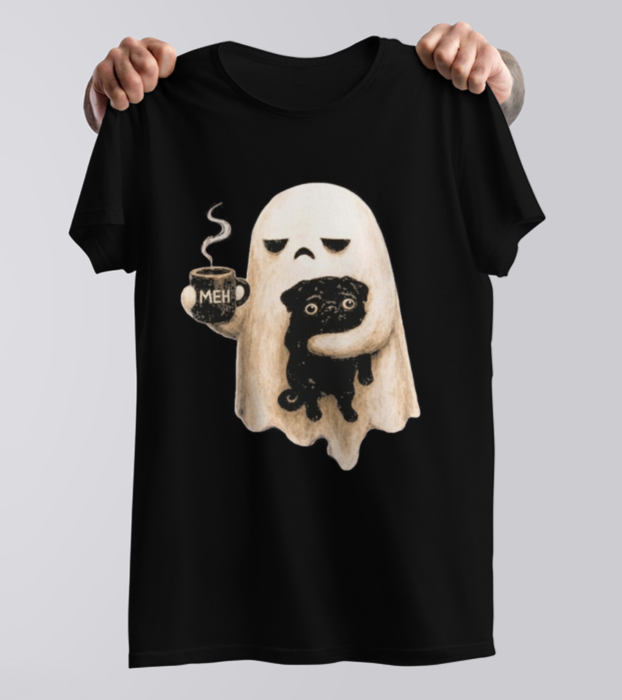 Halloween Meh Ghost Holding Black Pug Dog Lover T-Shirt