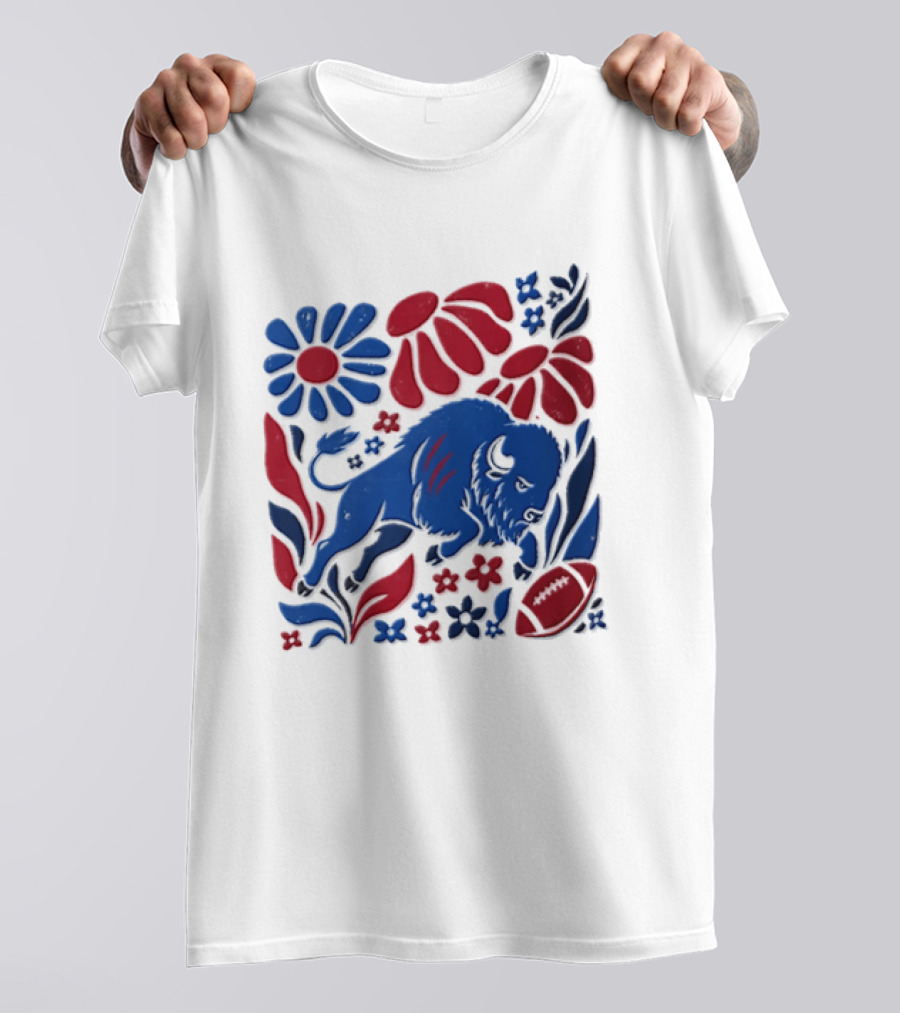 Buffalo Bills Charging Buffalo Red Blue Flowers Football T-Shirt