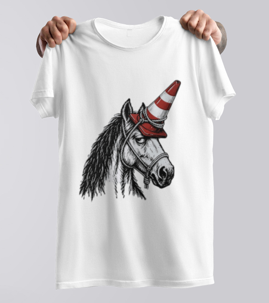 Horse Wearing Red Traffic Cone Hat Rope Accessory T-Shirt