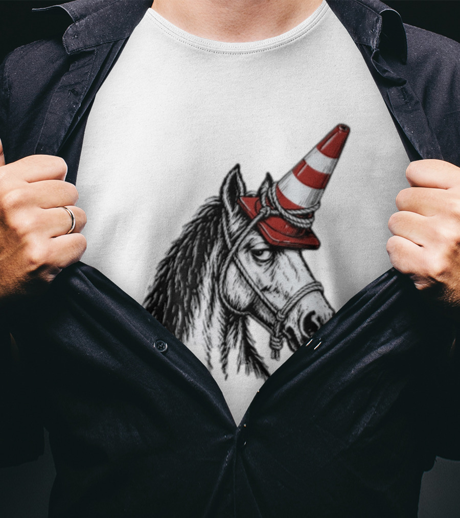 Horse Wearing Red Traffic Cone Hat Rope Accessory T-Shirt