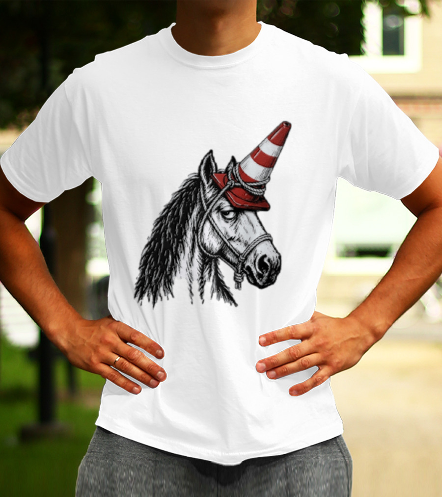 Horse Wearing Red Traffic Cone Hat Rope Accessory T-Shirt
