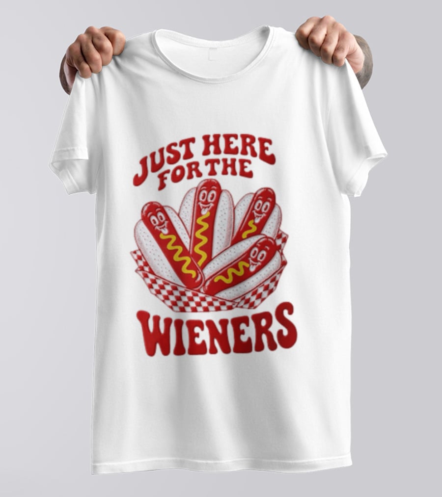 Just Here For The Wieners Four Cartoon Hot Dogs Mustard T-Shirt