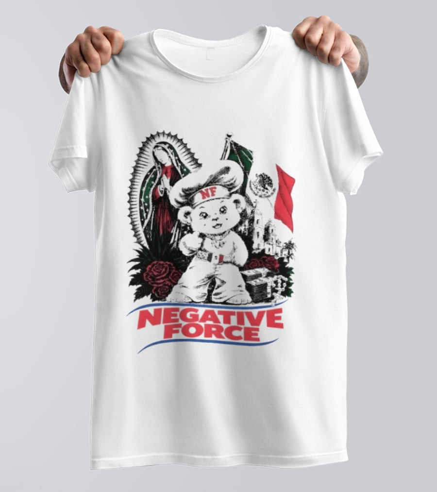 Negative Force Bear With Mexican Flag Virgin Mary Roses T-Shirt