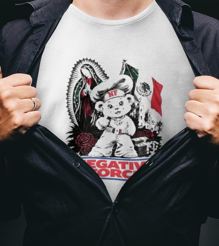 Negative Force Bear With Mexican Flag Virgin Mary Roses T-Shirt
