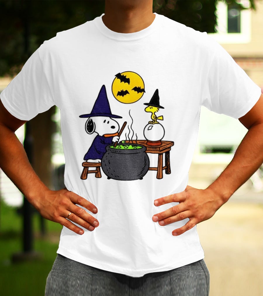 Snoopy Witch Cauldron Woodstock Crystal Ball Halloween Moon Bats T-Shirt