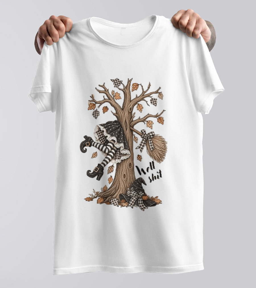 Well Shit Witch Halloween Tree Broom Black White Stripes Autumn Leaves T-Shirt