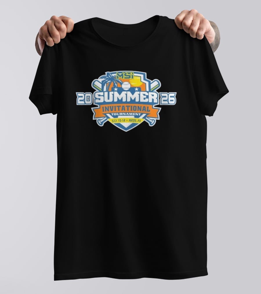 MSI Summer Invitational Tournament 2026 July 10 12 Aston PA Baseball Bat Beach Palm Tree Sunburst T-Shirt