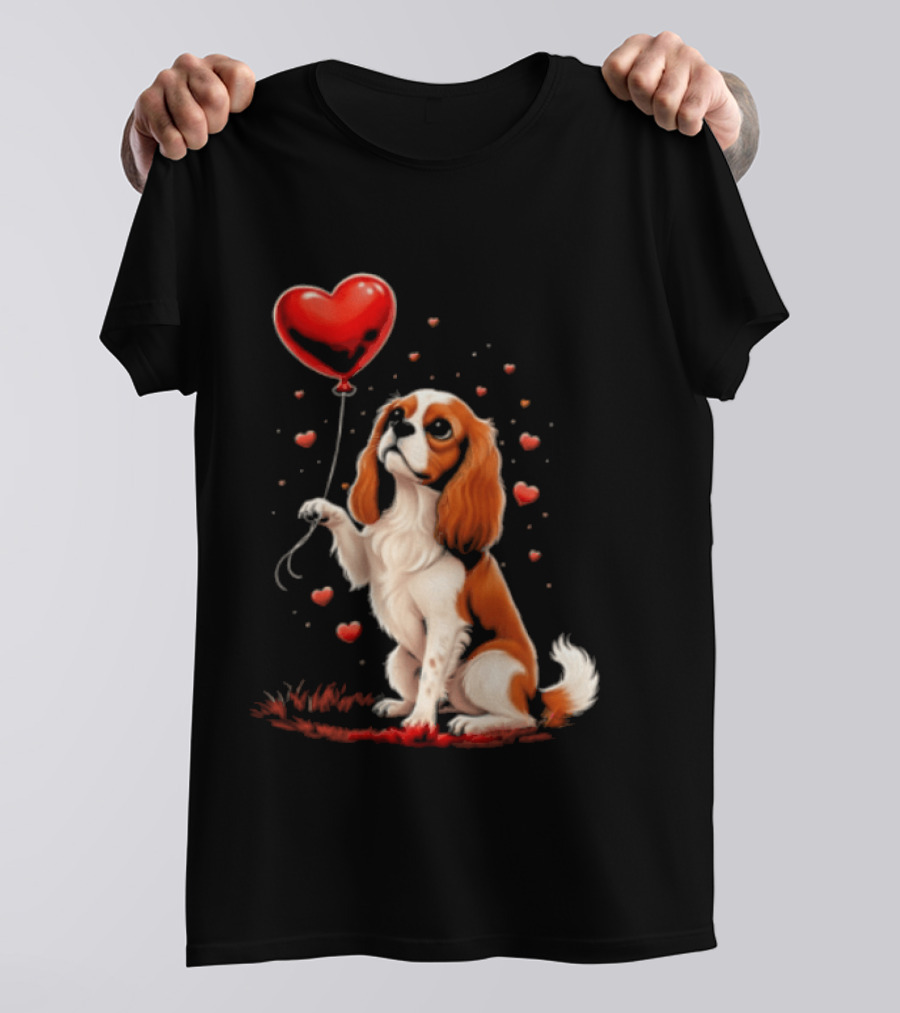 Cavalier King Charles Spaniel With Heart Balloon Surrounded By Floating Hearts T-Shirt