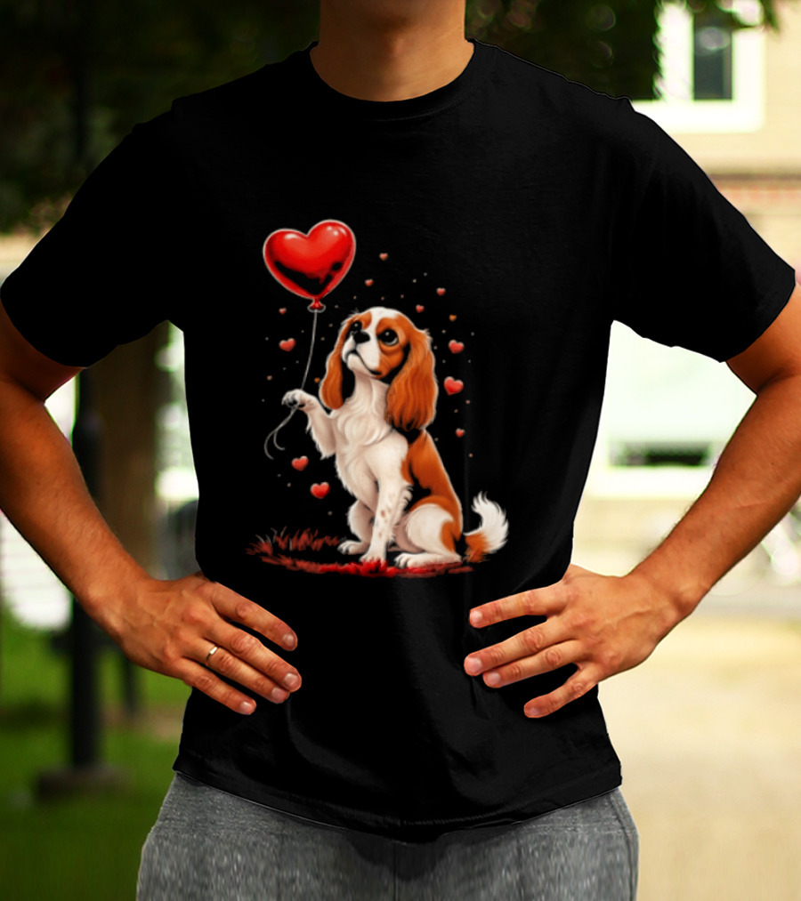 Cavalier King Charles Spaniel With Heart Balloon Surrounded By Floating Hearts T-Shirt
