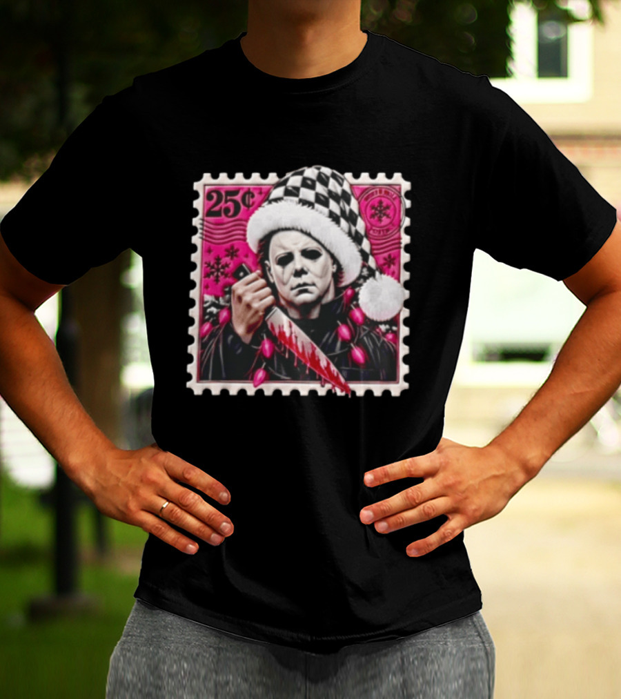 Cincinnati Bengals Michael Myers 25 Cent Checkerboard Santa Hat Holding Knife Pink T-Shirt