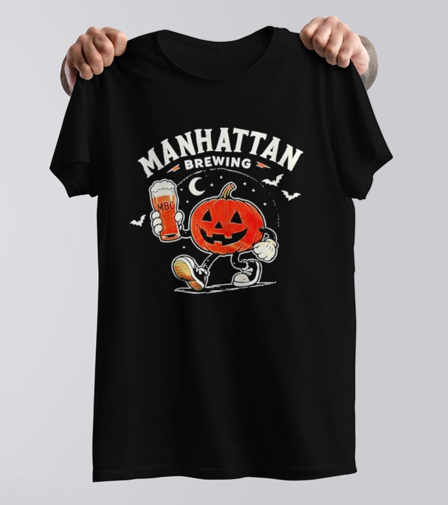 Manhattan Brewing Distressed Pumpkin Moon Walking Beer Halloween T-Shirt