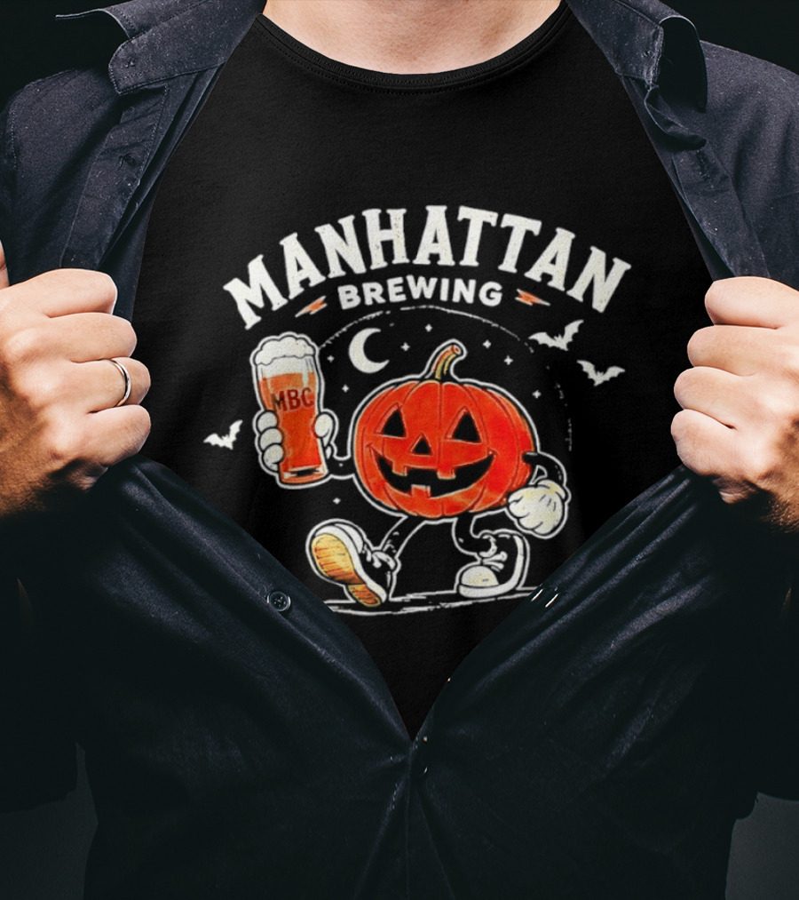 Manhattan Brewing Distressed Pumpkin Moon Walking Beer Halloween T-Shirt