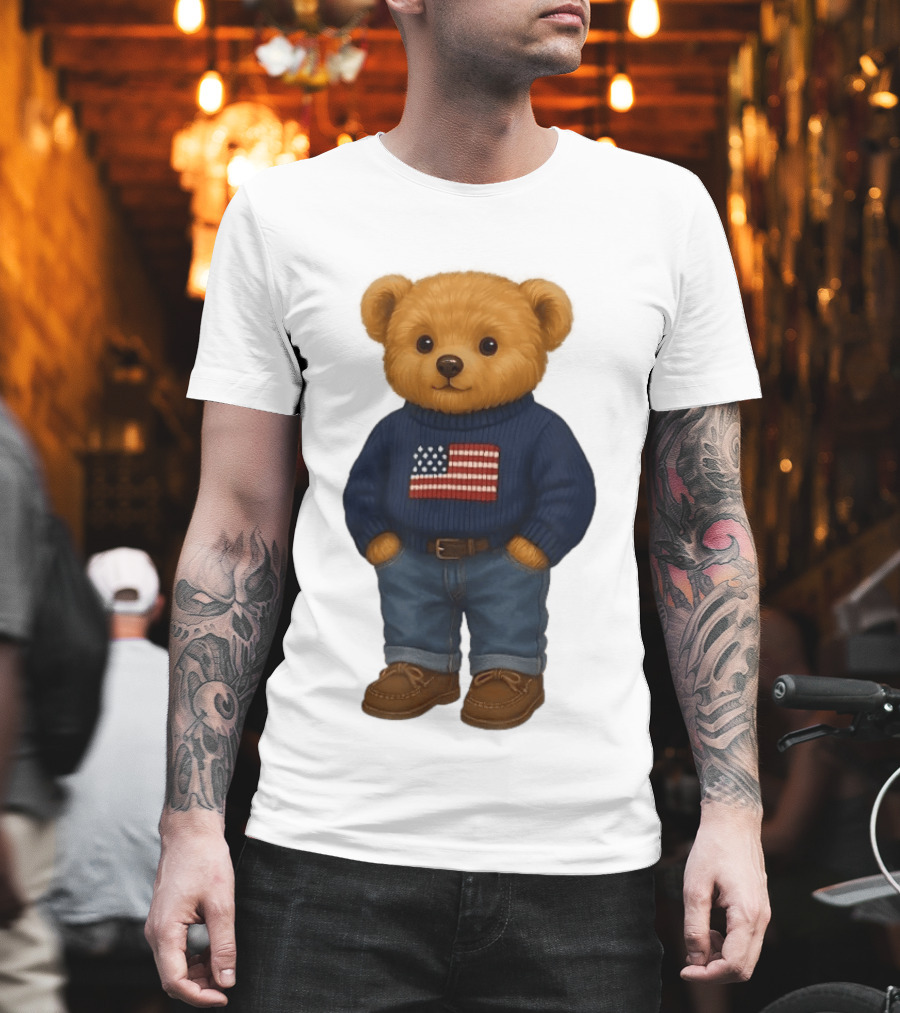 Polo Bear Sweater With American Flag Knit Fashion T-Shirt