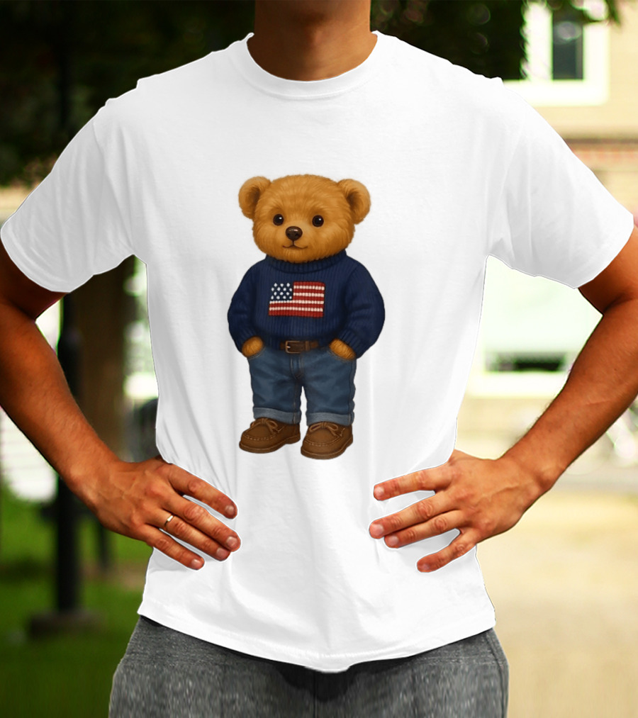 Polo Bear Sweater With American Flag Knit Fashion T-Shirt