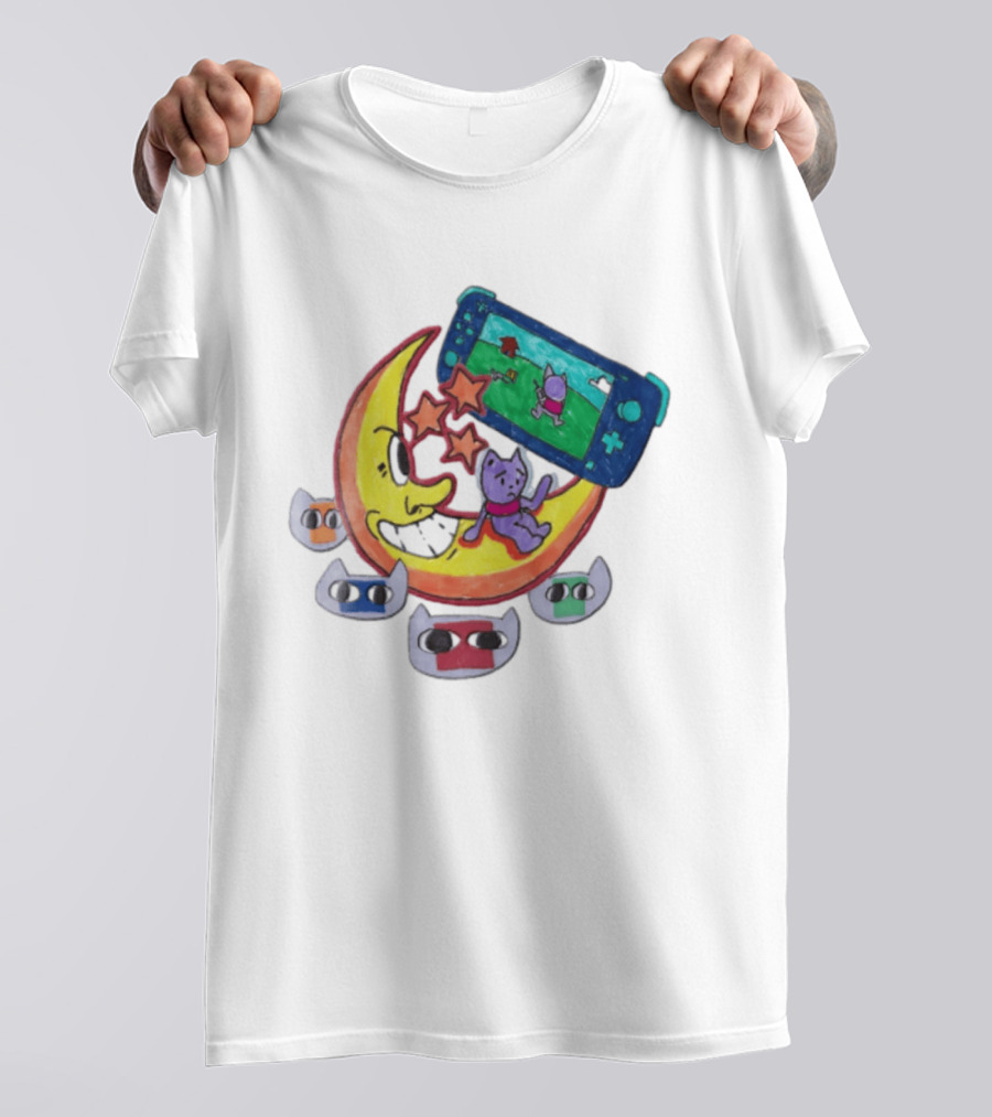 Purple Bear Gaming On Moon With Sunflowers And Dogs Whimsical Two Sided T-Shirt