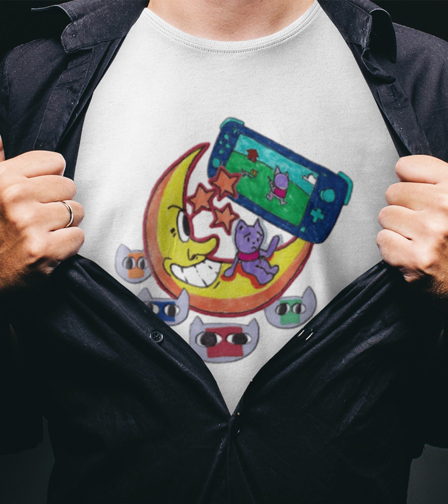 Purple Bear Gaming On Moon With Sunflowers And Dogs Whimsical Two Sided T-Shirt