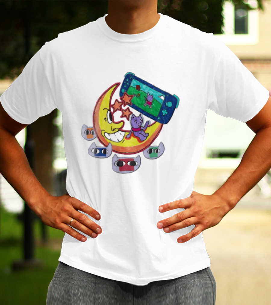 Purple Bear Gaming On Moon With Sunflowers And Dogs Whimsical Two Sided T-Shirt