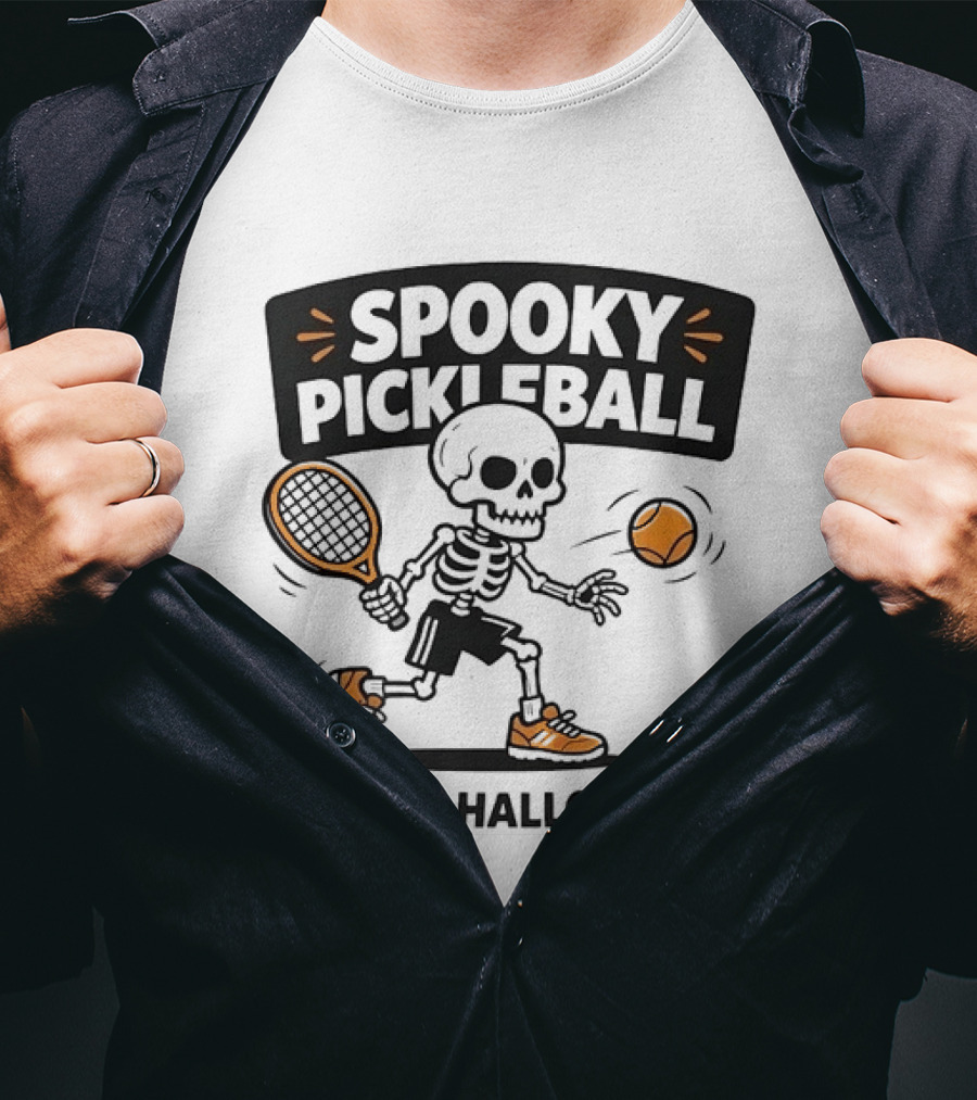 Spooky Pickleball Skeleton Halloween T-Shirt