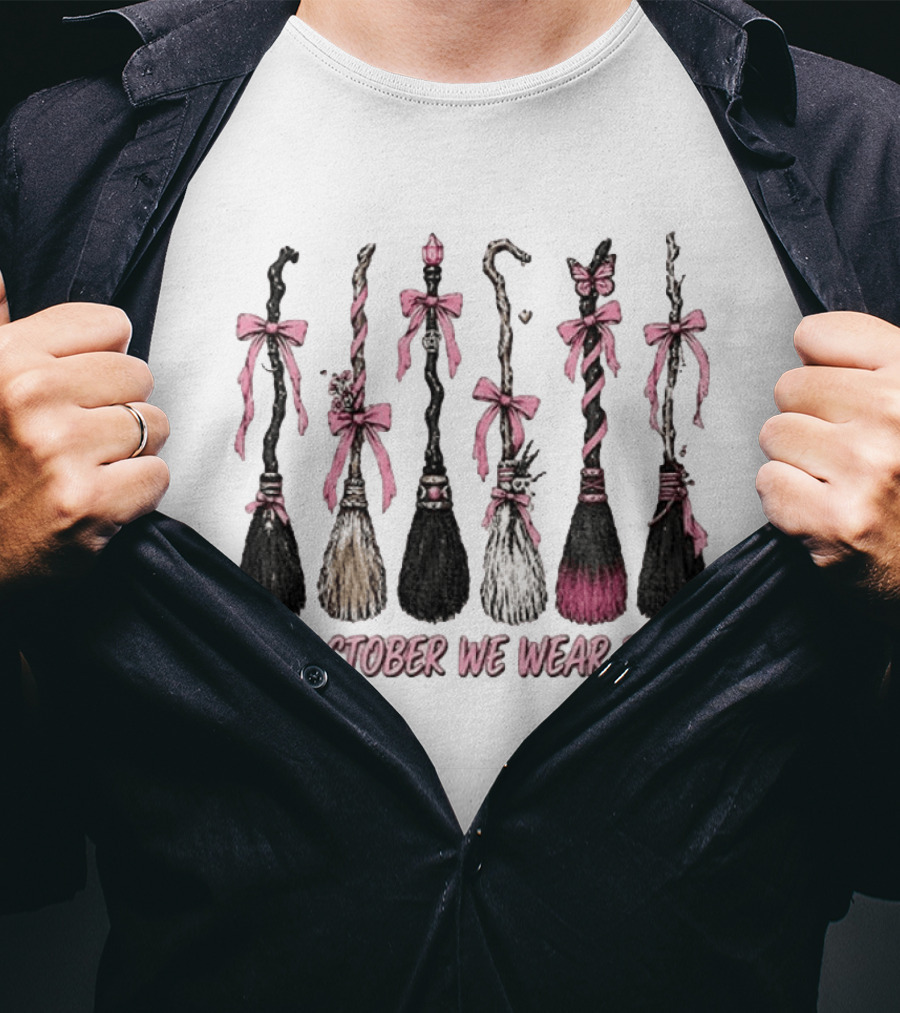 In October We Wear Pink Witch Brooms Breast Cancer Awareness T-Shirt