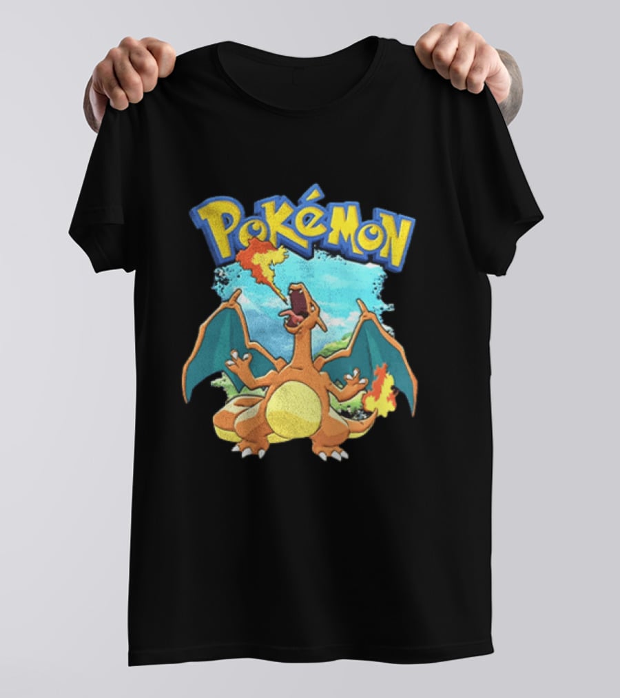 Pokemon Charizard Breathing Fire In Green Landscape T-Shirt