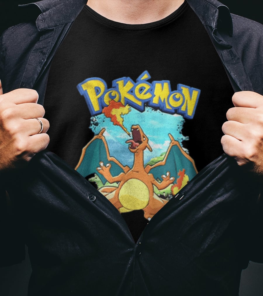 Pokemon Charizard Breathing Fire In Green Landscape T-Shirt