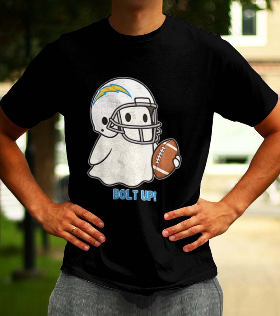 Los Angeles Chargers Bolt Up Ghost Football Helmet Holding Ball T-Shirt