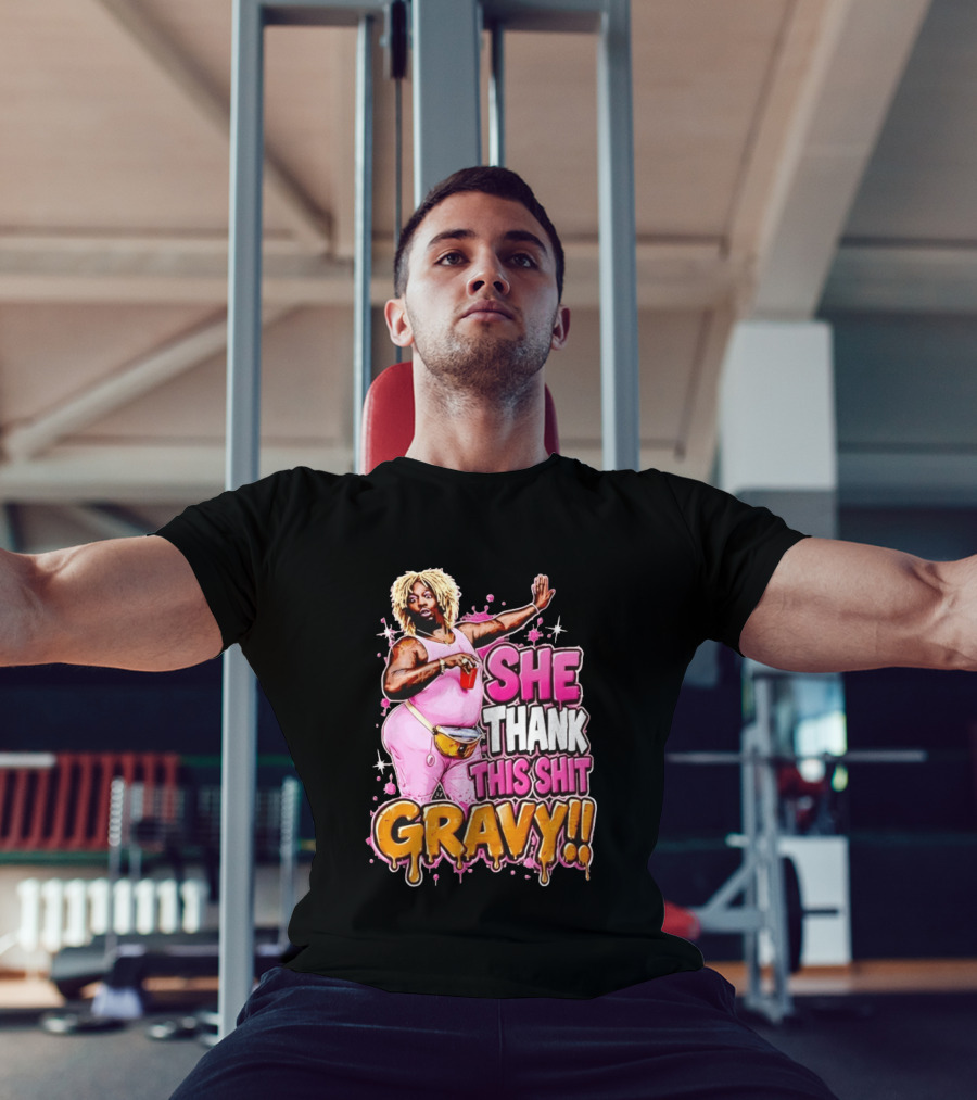 Yung Gravy She Thank This Shit Gravy Rapper Pink Outfit Drink Pose T-Shirt