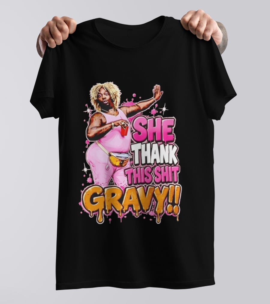 Yung Gravy She Thank This Shit Gravy Rapper Pink Outfit Drink Pose T-Shirt