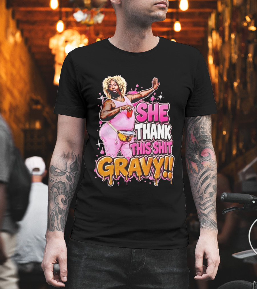 Yung Gravy She Thank This Shit Gravy Rapper Pink Outfit Drink Pose T-Shirt
