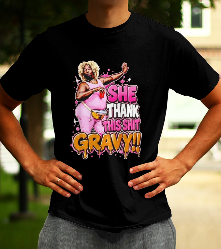 Yung Gravy She Thank This Shit Gravy Rapper Pink Outfit Drink Pose T-Shirt