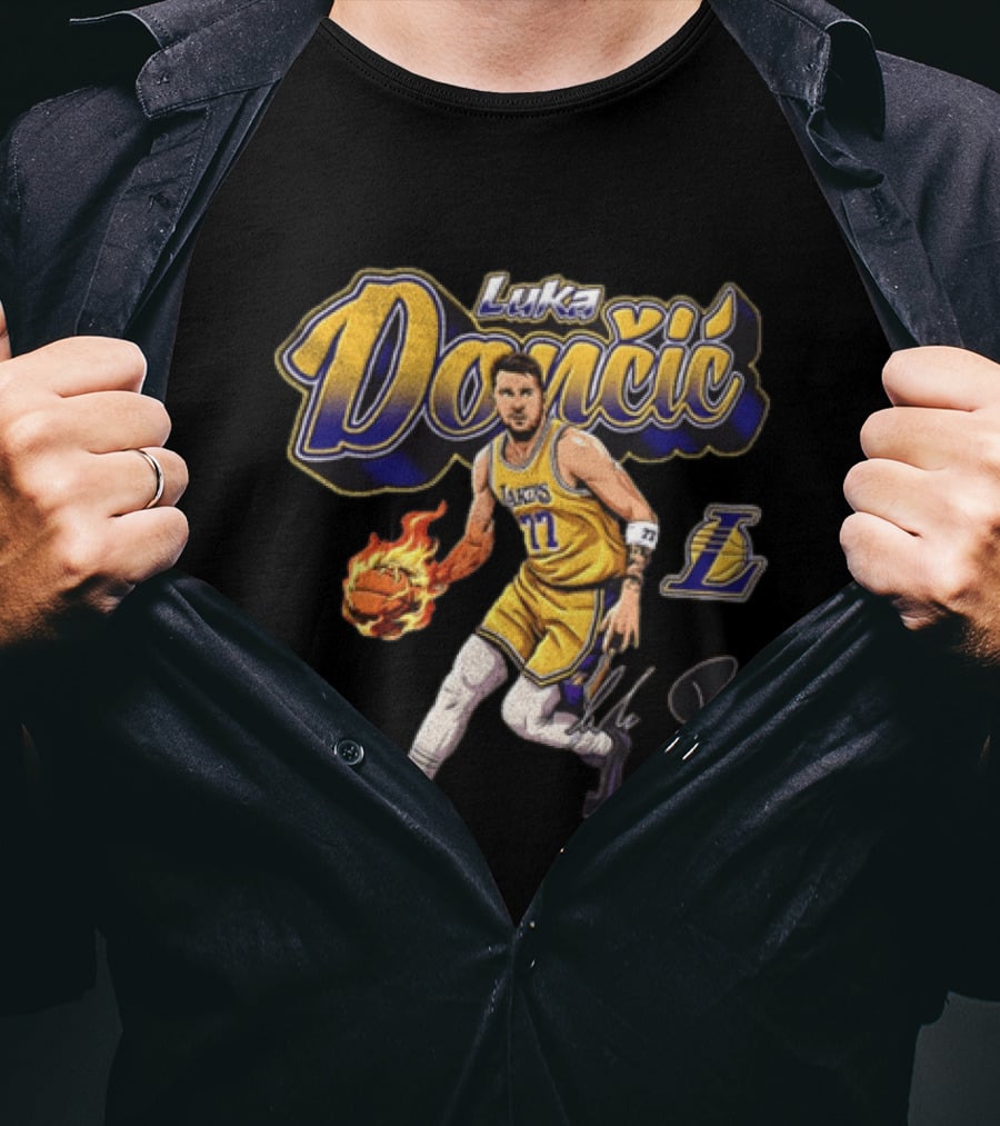 Luka Dončić Los Angeles Lakers Flaming Basketball Dribble NBA Player T-Shirt