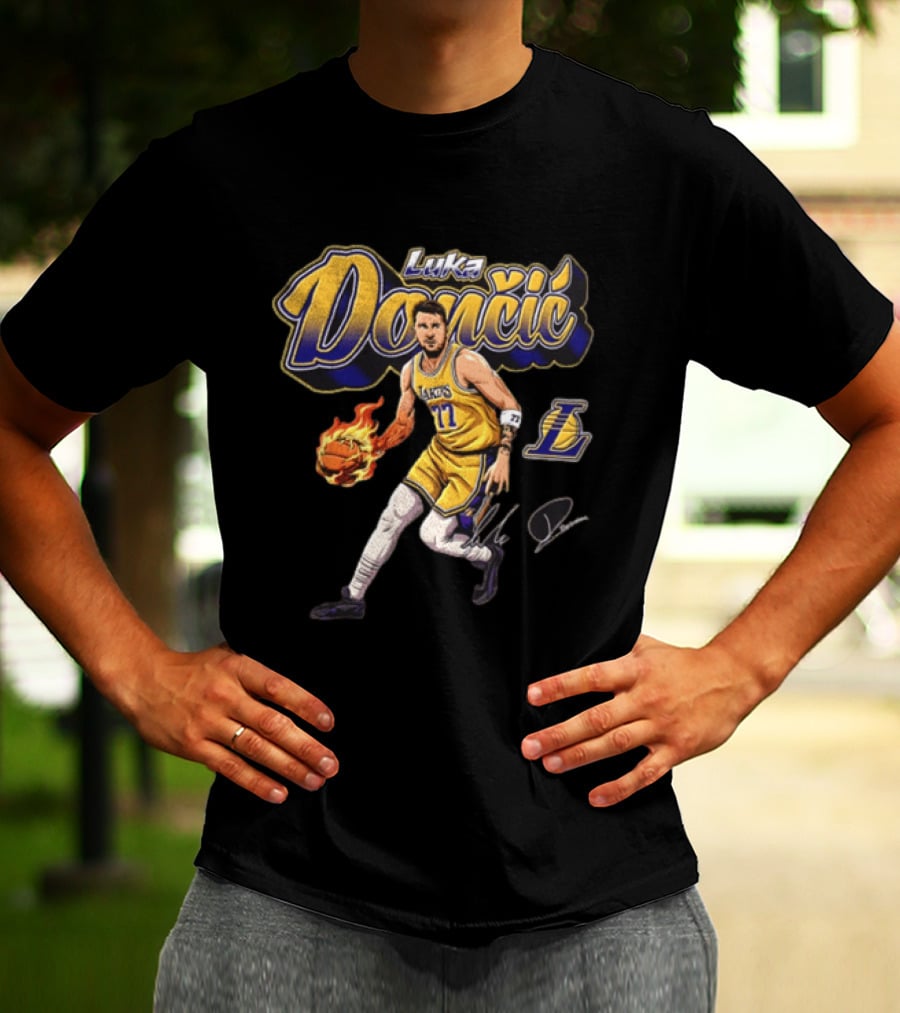 Luka Dončić Los Angeles Lakers Flaming Basketball Dribble NBA Player T-Shirt
