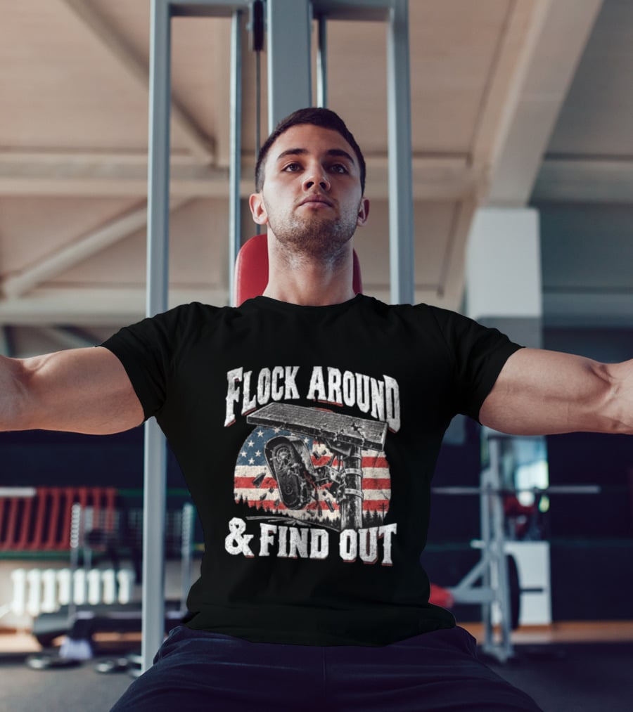 Flock Around And Find Out USA Flag Broken Security Camera Solar Panel T-Shirt