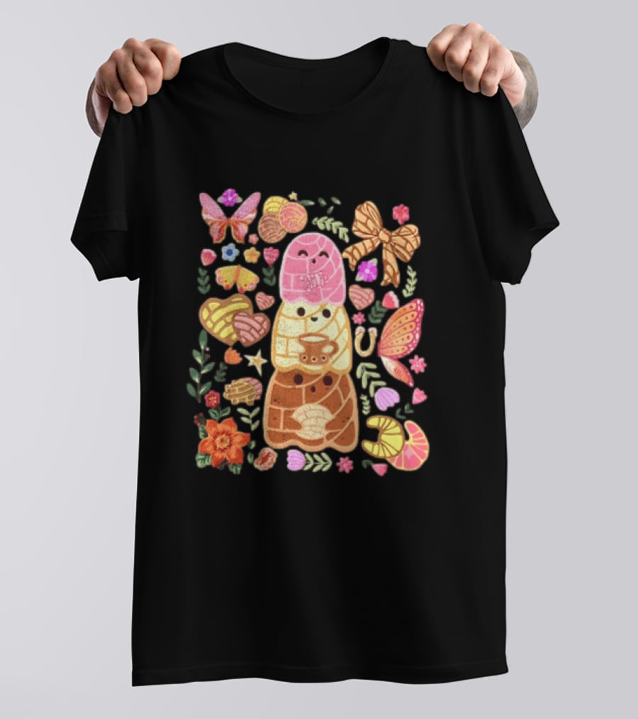 Stacked Concha Bread Characters With Colorful Flowers And Butterflies T-Shirt