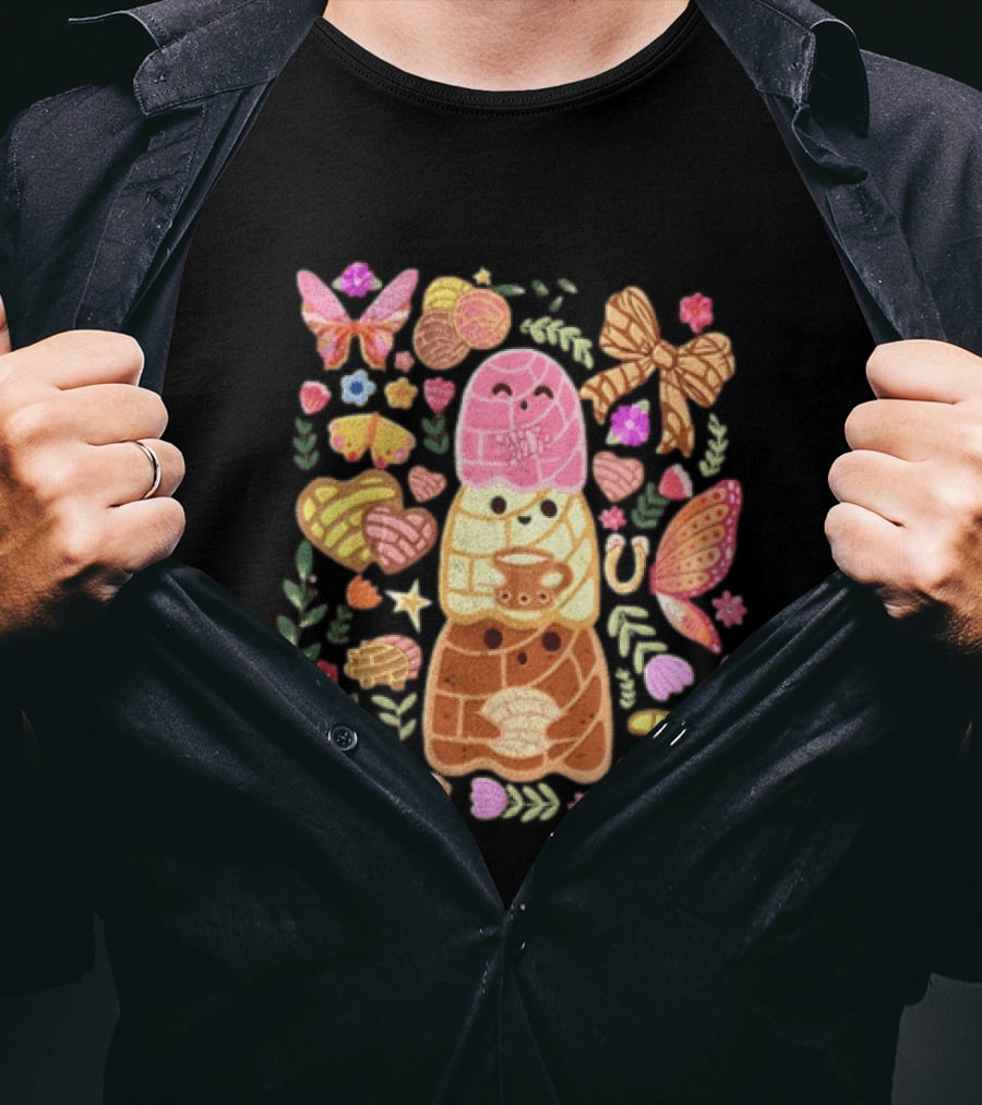 Stacked Concha Bread Characters With Colorful Flowers And Butterflies T-Shirt