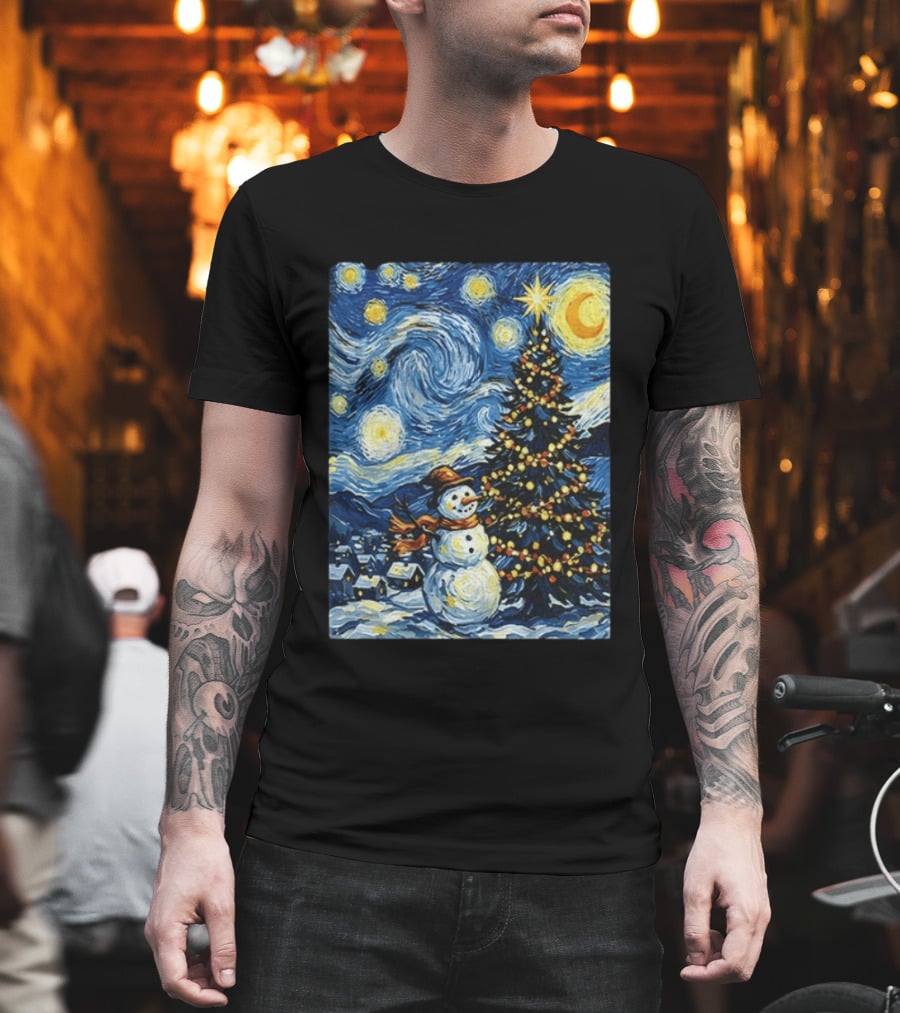 Starry Snowman Christmas Night With Tree And Sky T-Shirt