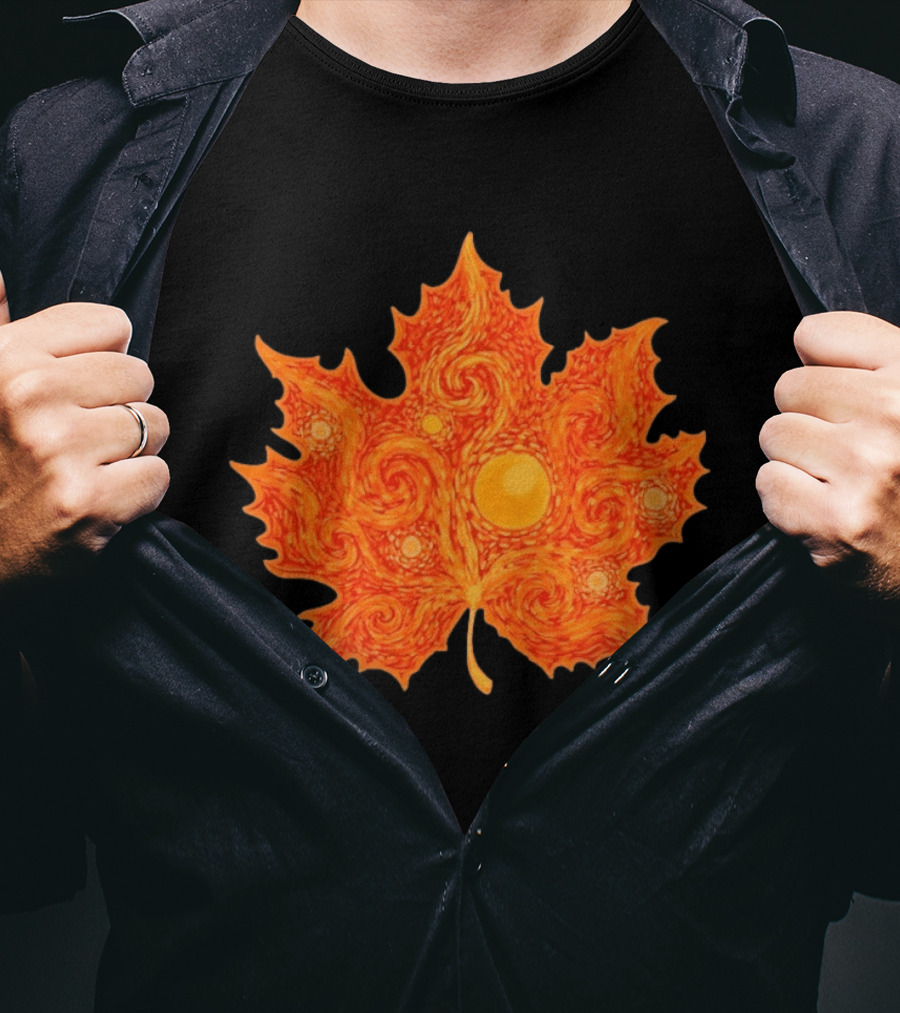Starry Night Orange Maple Leaf Autumn Swirl T-Shirt