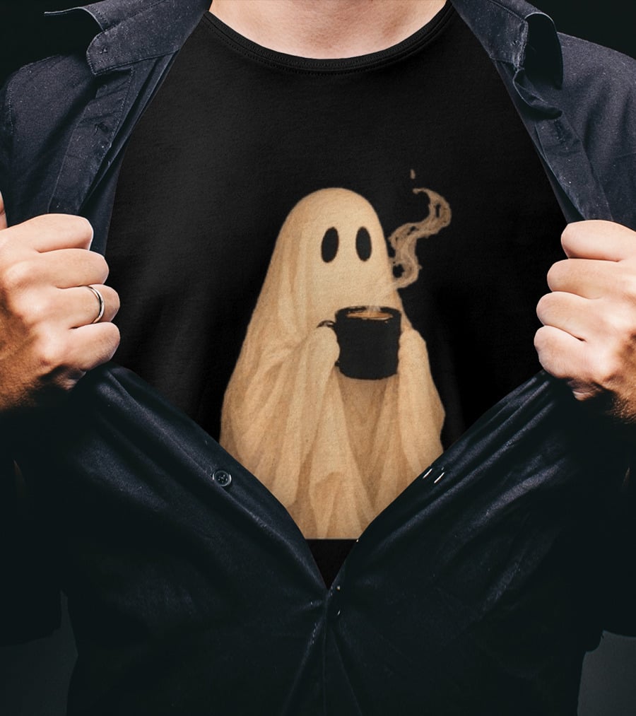 Ghost Spooky Coffee Bar Halloween Cozy Ghost Holding Coffee Steam T-Shirt